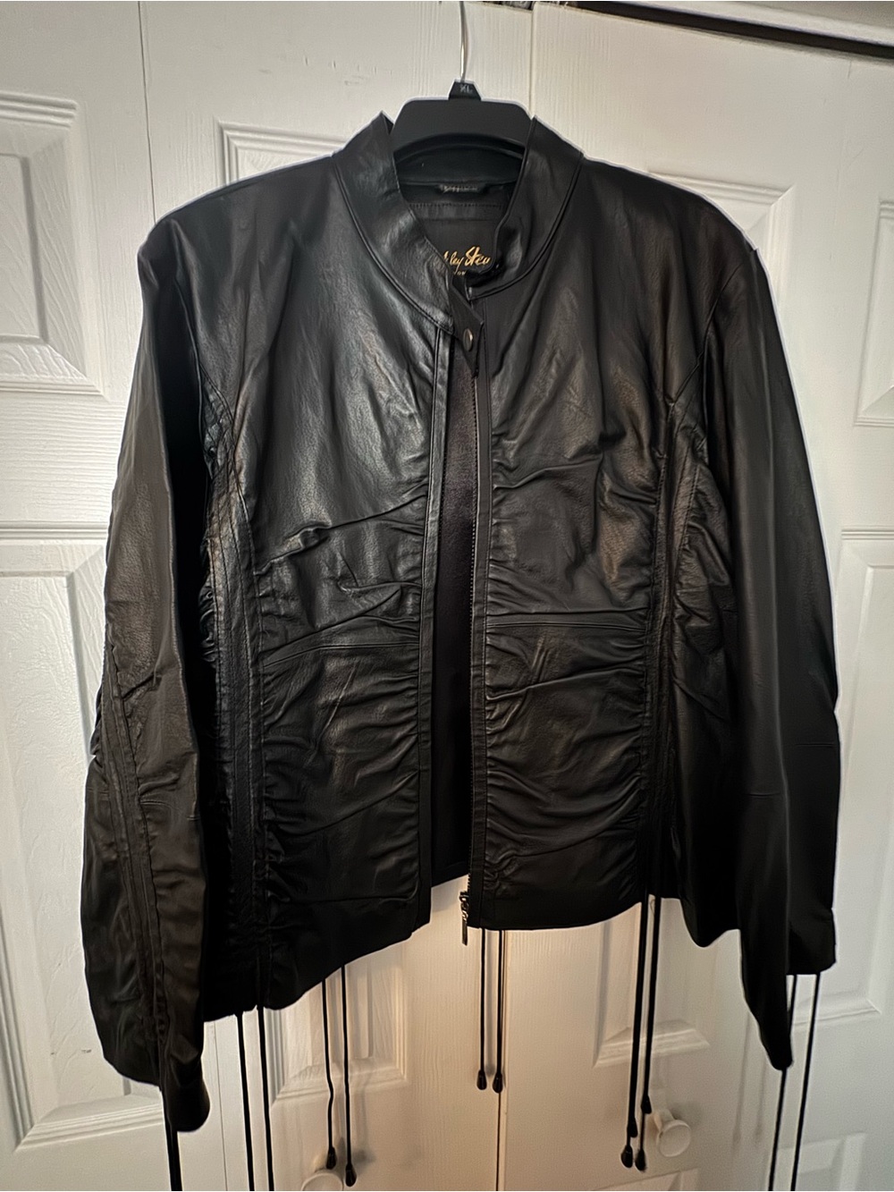 Ashley Stewart Black Leather Bomber Jacket with Drawstrings